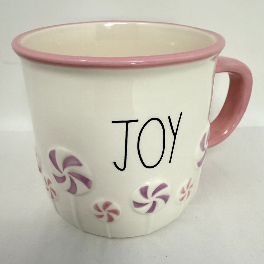 Rae Dunn Swirl Lollipop Joy Christmas Mug Pink Ceramic Round Shape Painted